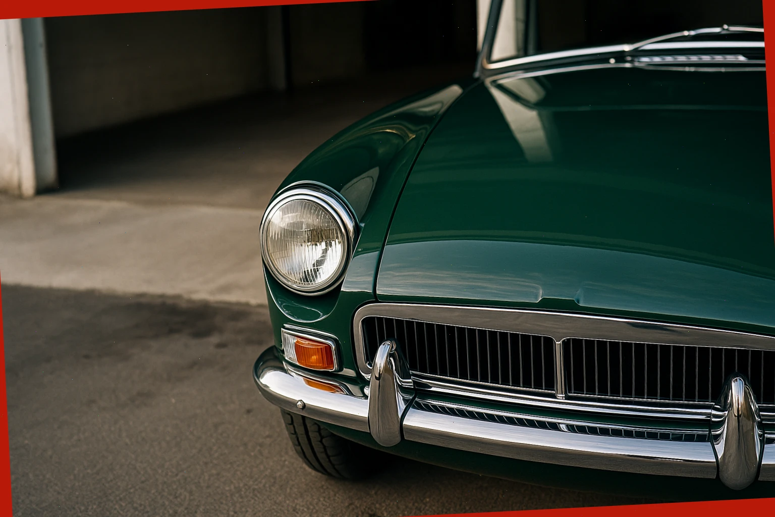 Polished bonnet with chrome trim at a quiet garage bay