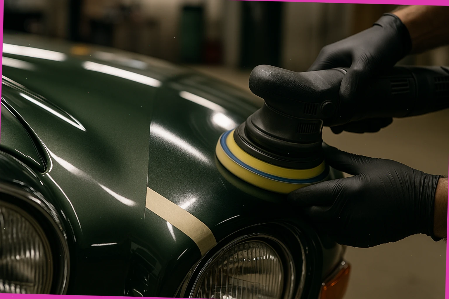 Chrome bumper and grille reflections after light polish