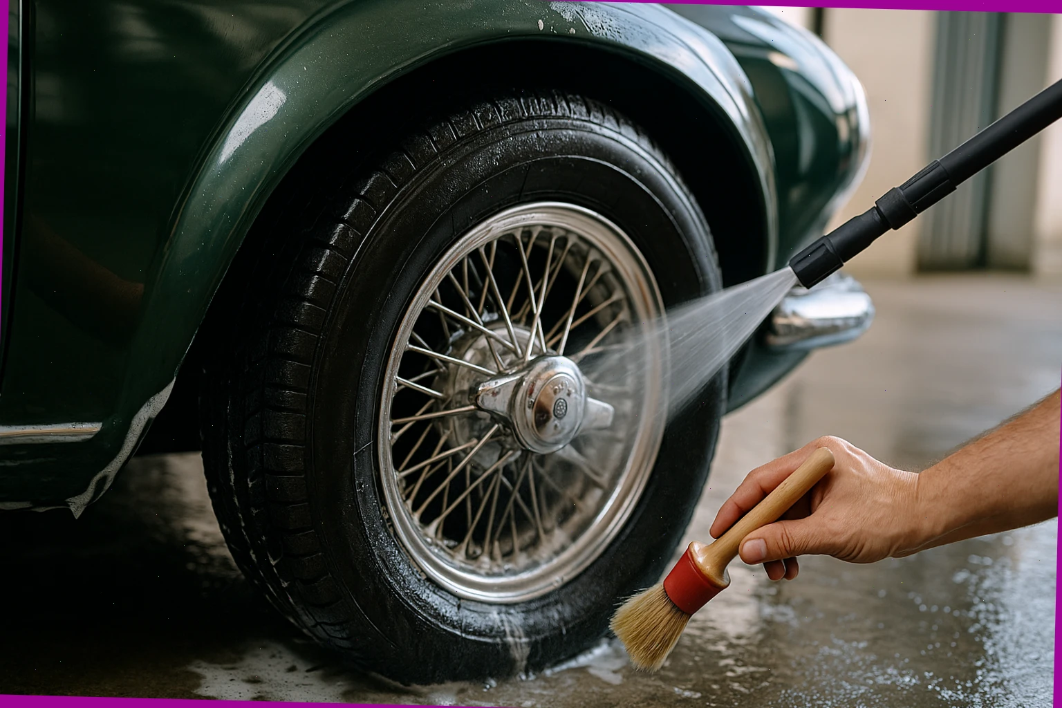 Wheel arch detailing with soft brushes and low-pressure rinse