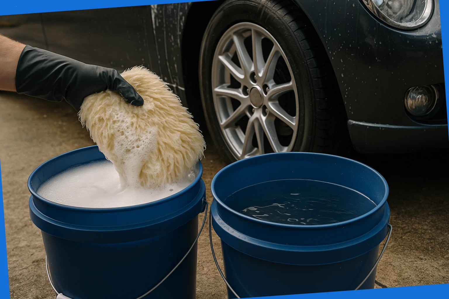 Two-bucket wash with wool mitt and pH-neutral shampoo